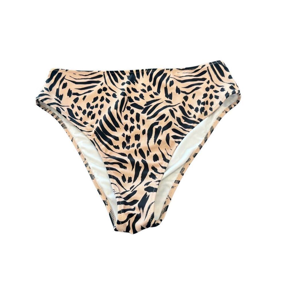 Shade & Shore Womens Cheeky Bikini Bottom Beige Black Animal Print Size M - Picture 2 of 6